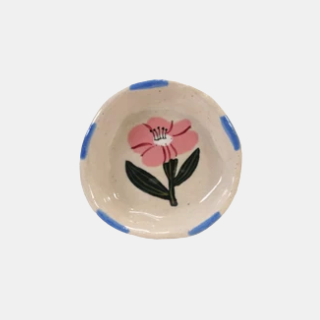 Blue Rim + Pink Flower Ceramic Trinket Dish
