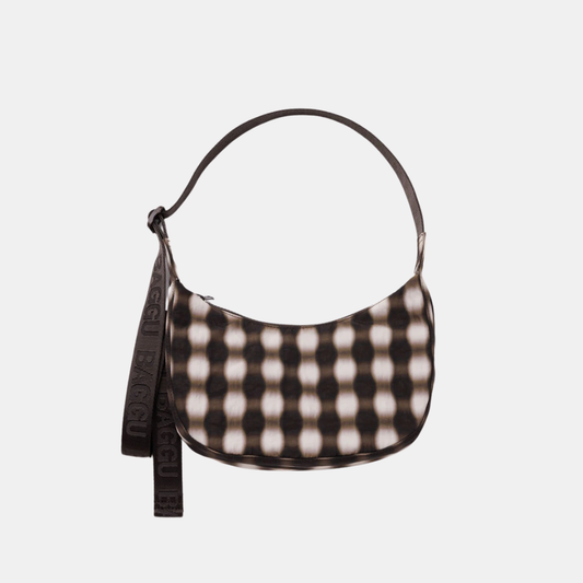 Blurred Brown Gingham Small Nylon Crescent Bag
