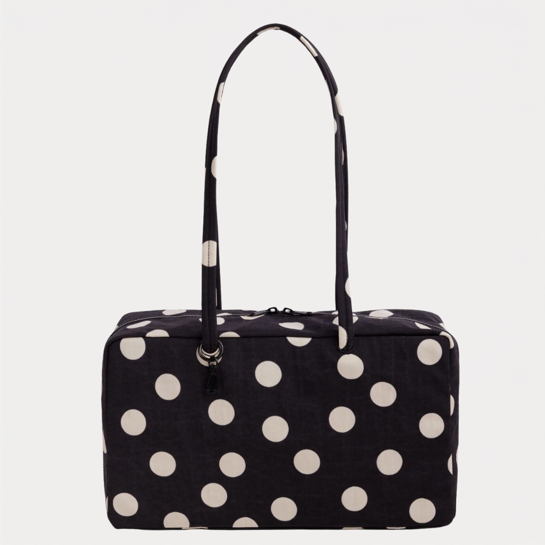 Black and Cream Polka Dot Medium Nylon Bowler Bag