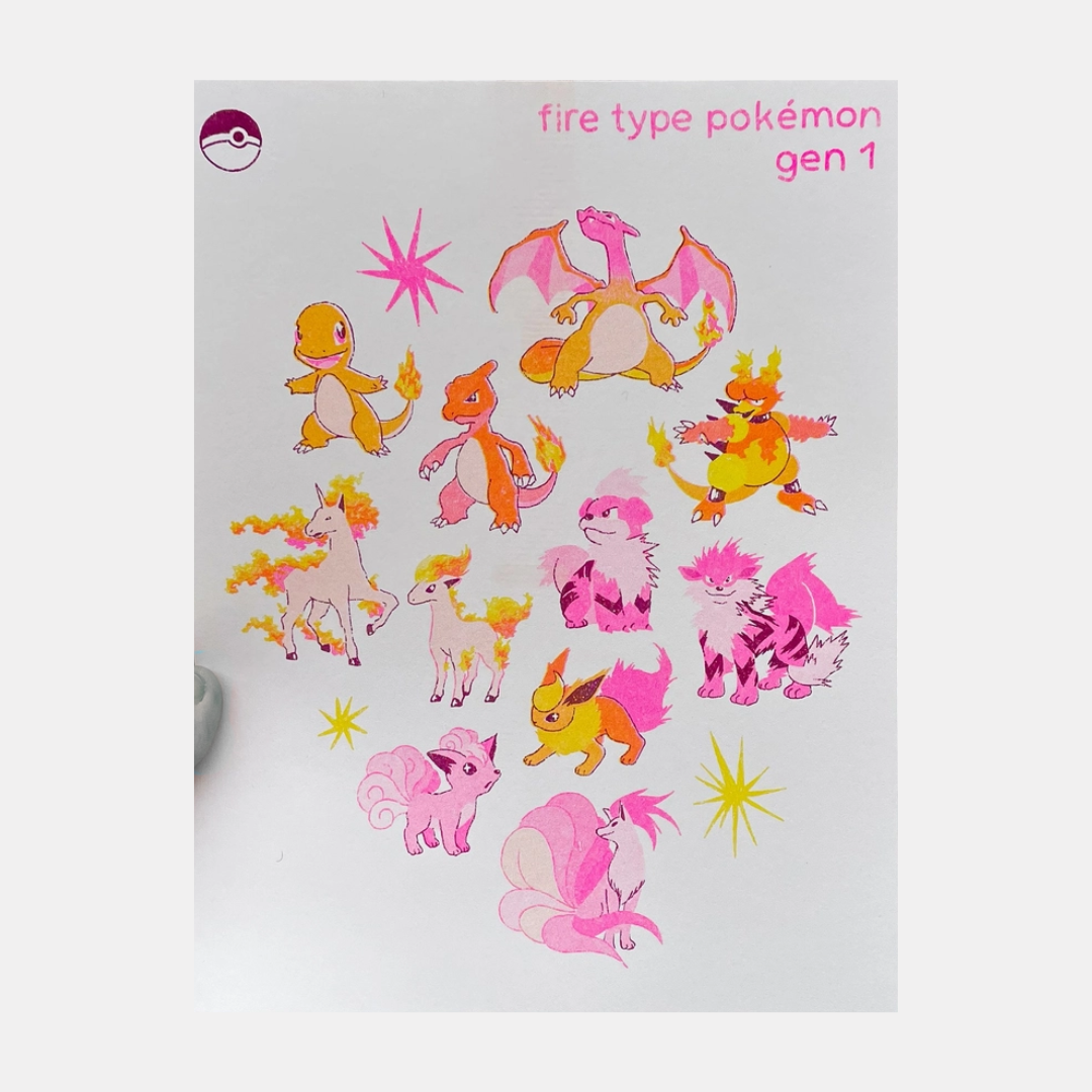 Gen. 1 Fire Pokemon Risograph Print