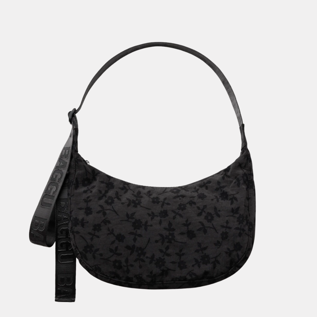 Charcoal Ditsy Floral Medium Nylon Crescent Bag