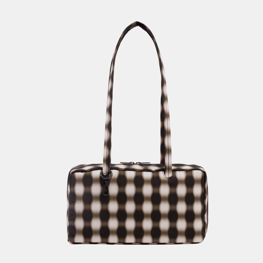 Blurred Gingham Brown Small Nylon Bowler Bag