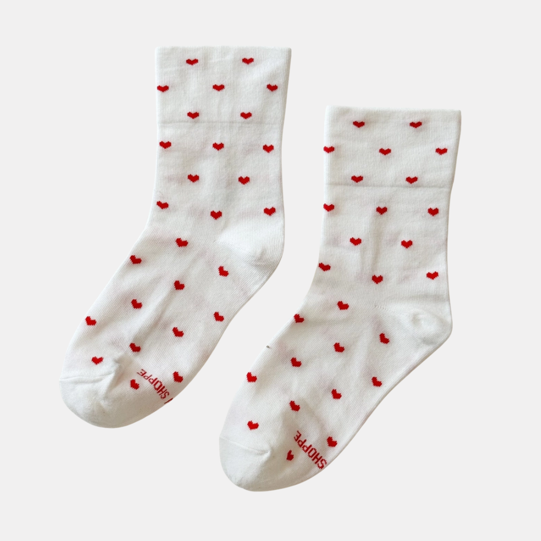 White and Red Heart Sneaker Socks