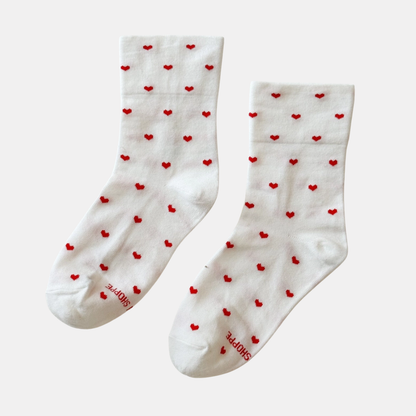 White and Red Heart Sneaker Socks