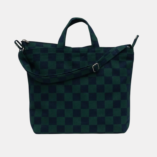 Navy Green Check Horizontal Duck Tote