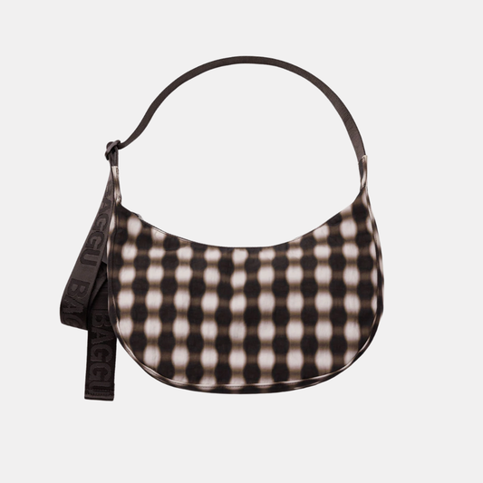 Blurred Gingham Brown Medium Nylon Crescent Bag