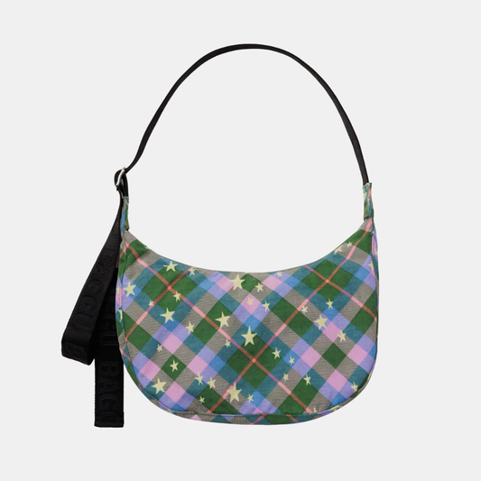 Green Star Plaid Medium Nylon Crescent Bag