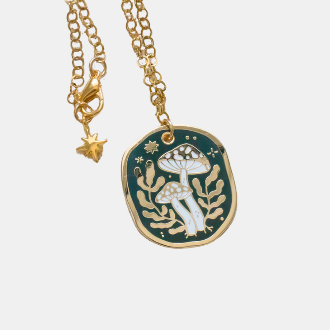 Gold Mushroom Enamel Necklace
