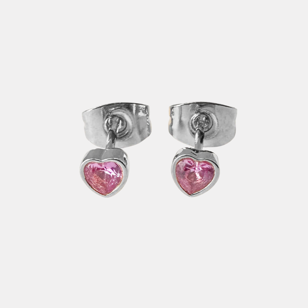 Silver Pink Crystal Heart Studs