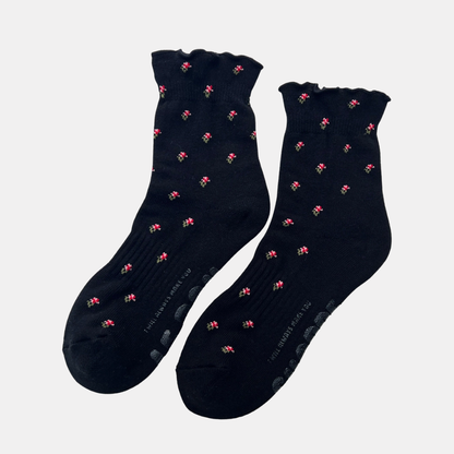 Black Petal Ruffled Hugger Crew Socks