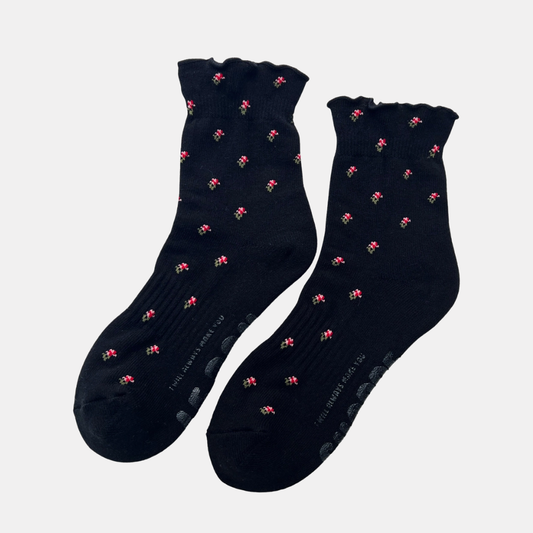 Black Petal Ruffled Hugger Crew Socks