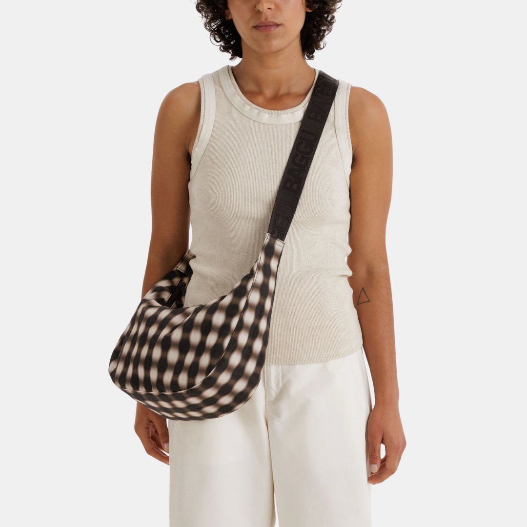 Blurred Gingham Brown Medium Nylon Crescent Bag