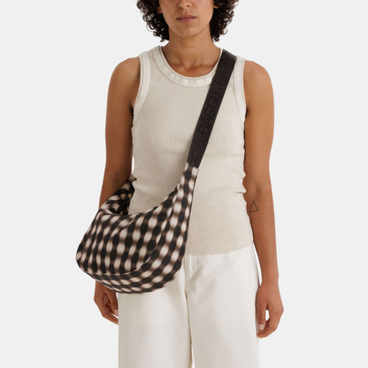 Blurred Gingham Brown Medium Nylon Crescent Bag