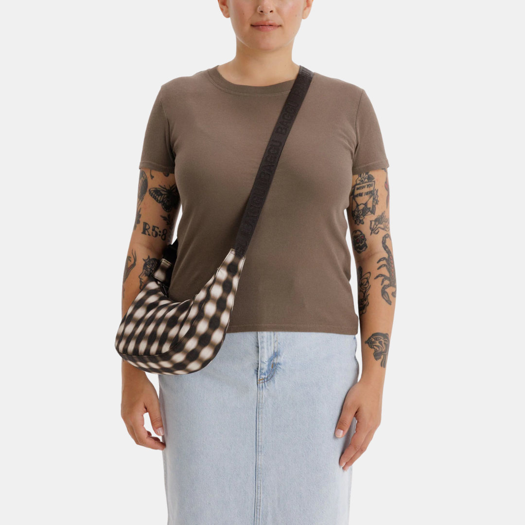 Blurred Brown Gingham Small Nylon Crescent Bag