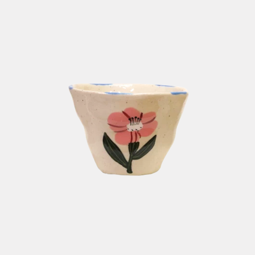 Blue Rim + Pink Flower Ceramic Cup