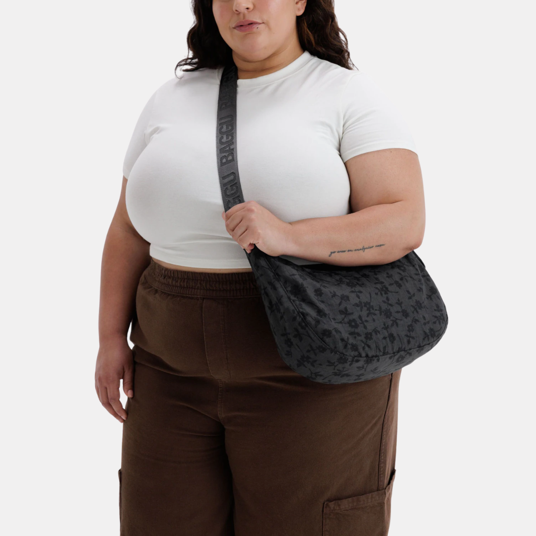 Charcoal Ditsy Floral Medium Nylon Crescent Bag