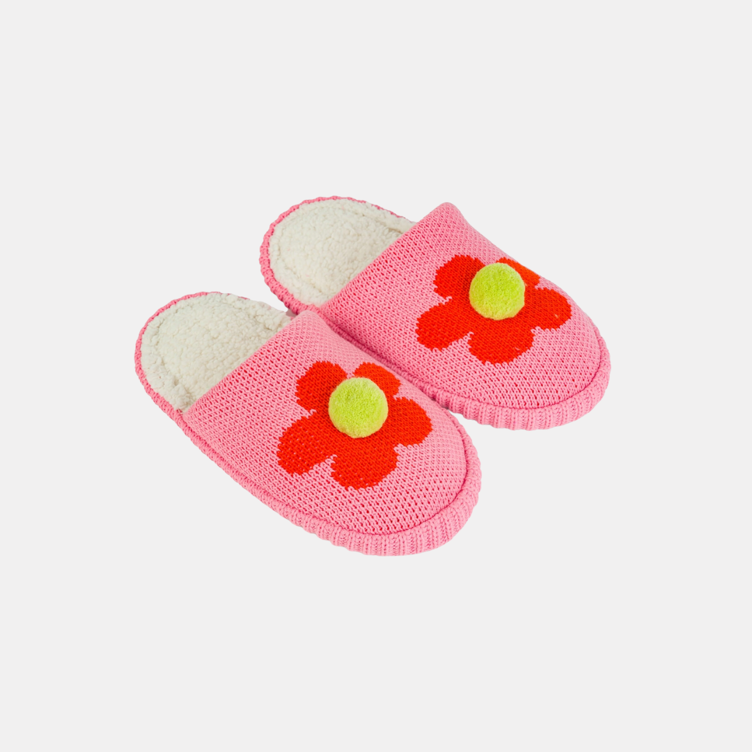 Pink Flower Pom Slippers