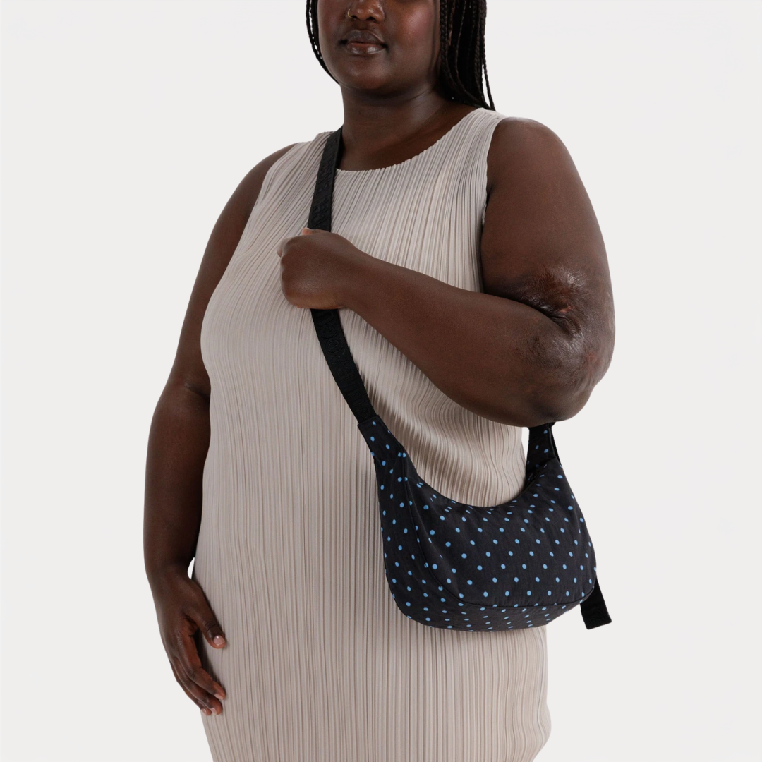 Black and Sky Blue Micro Dot Small Nylon Crescent Bag