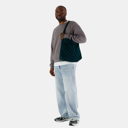 Navy Green Check Horizontal Duck Tote