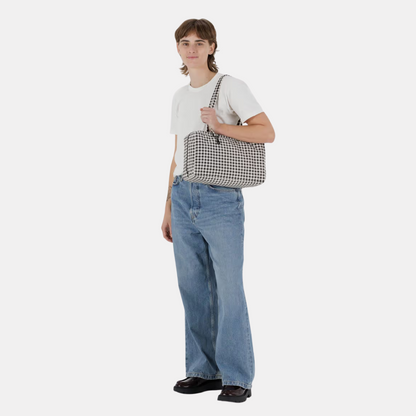 Black + White Gingham Medium Nylon Bowler Bag