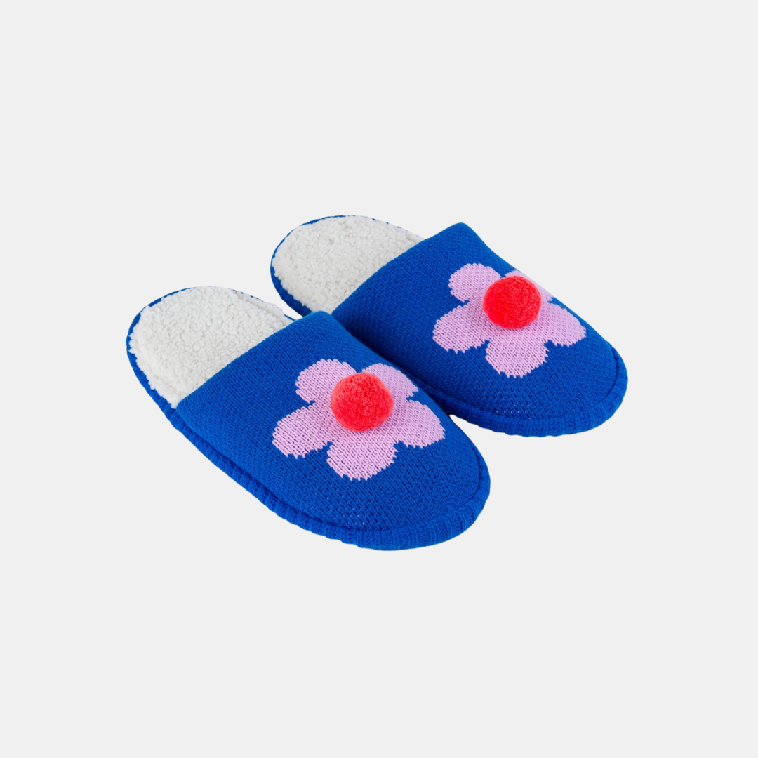 Cobalt Flower Pom Slippers