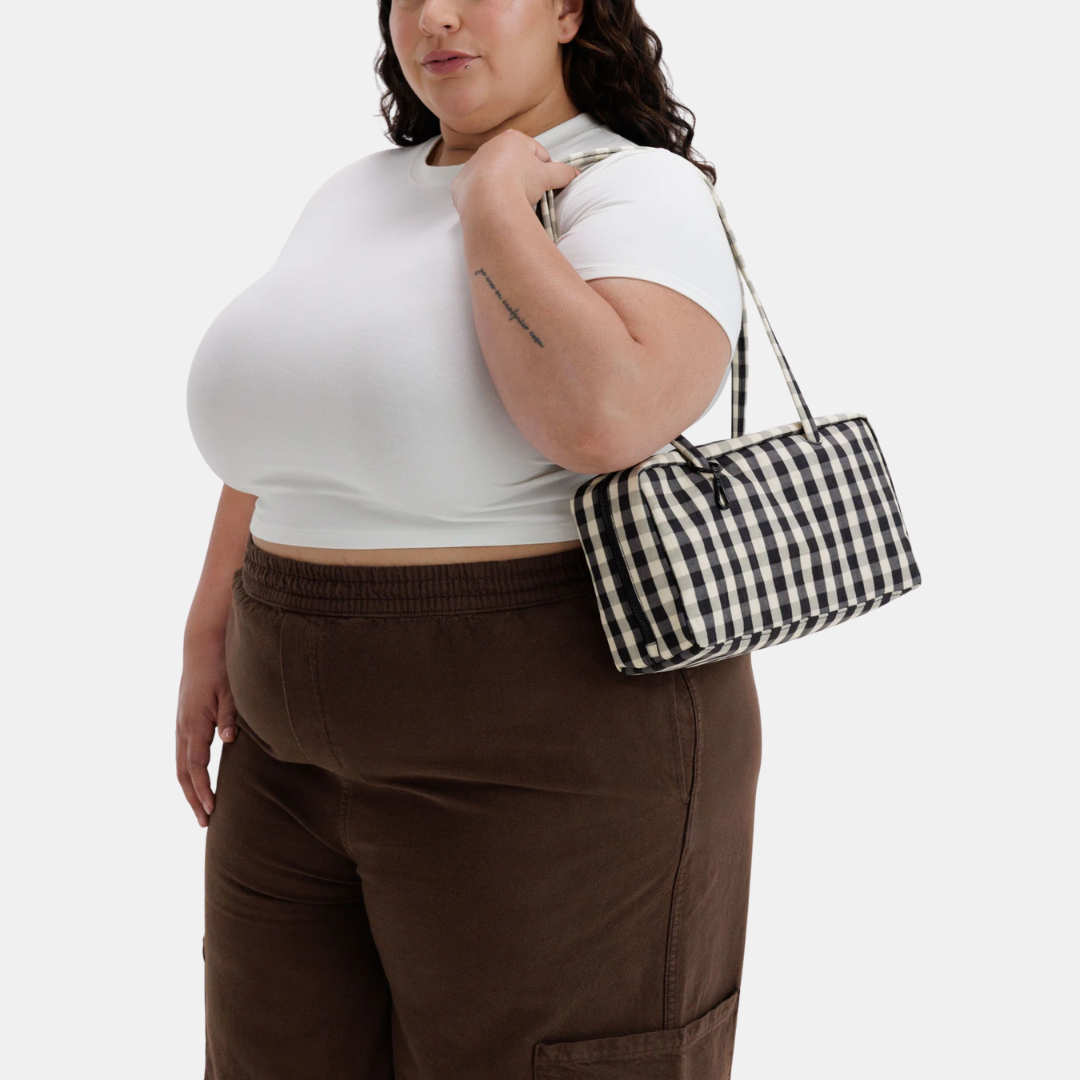 Black and Cream Gingham Nylon Bowler Bag