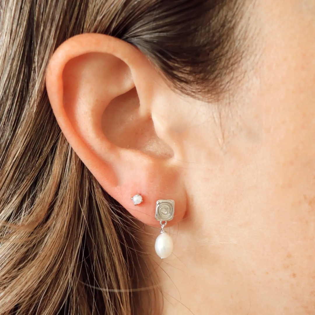 Silver Spiral Pearl Earrings
