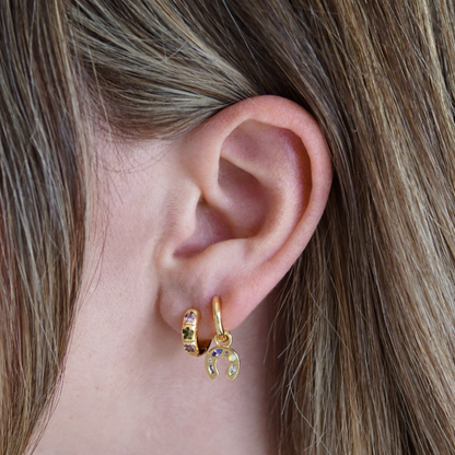 Gold Flower Stone Petite Hoop Earrings