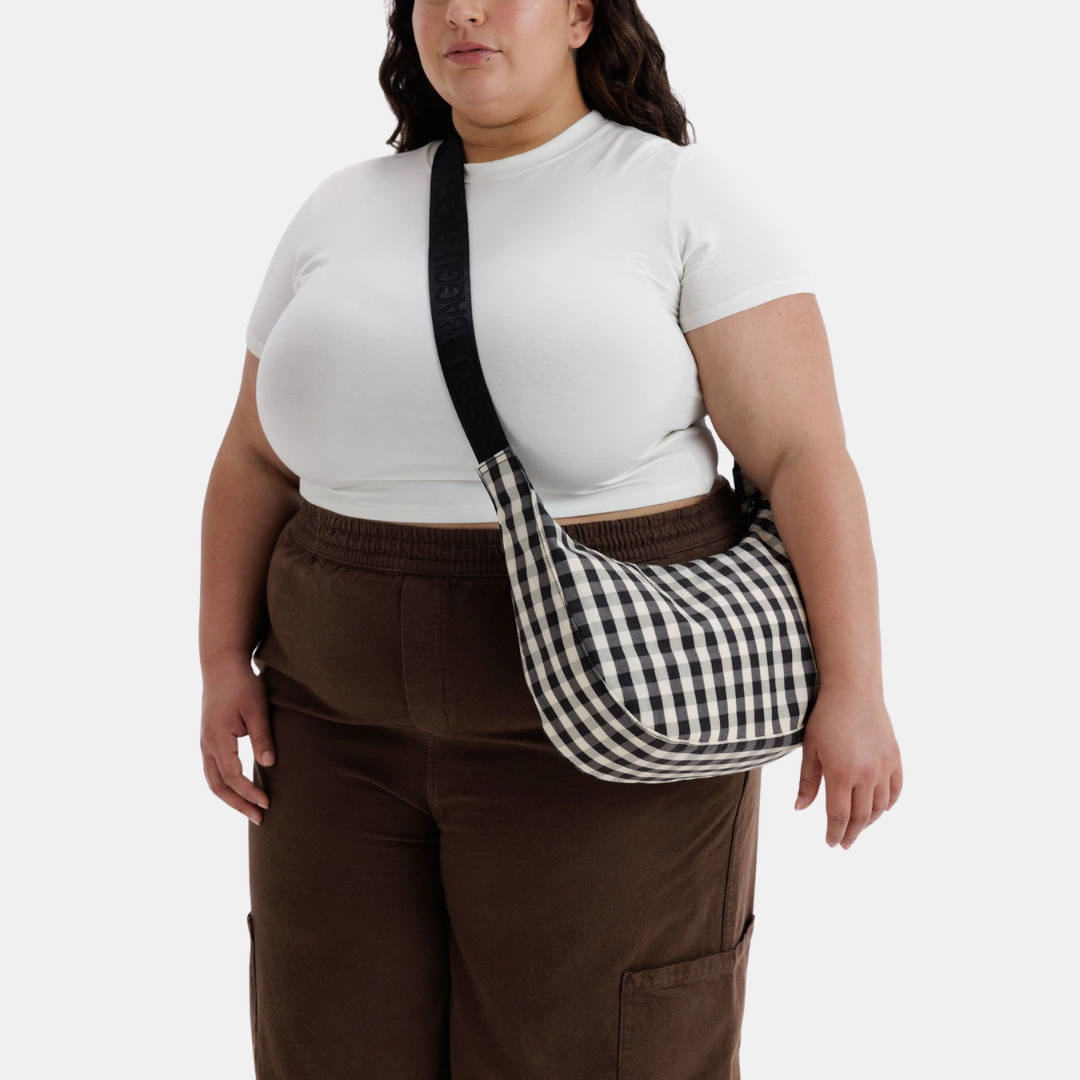 Black and Cream Gingham Medium Nylon Crescent Bag