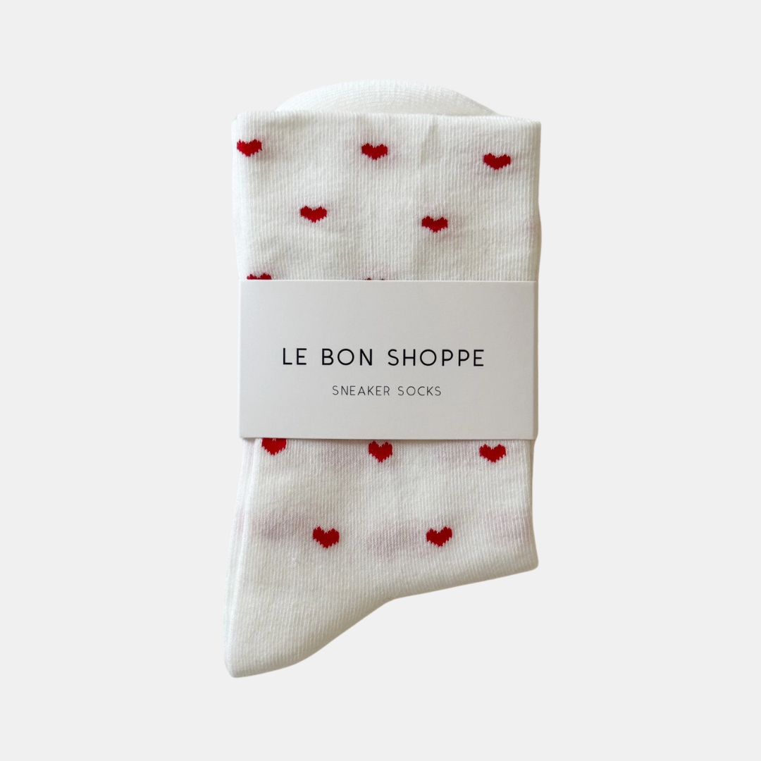 White and Red Heart Sneaker Socks