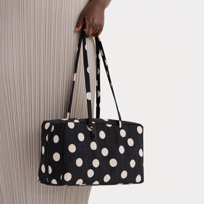 Black and Cream Polka Dot Medium Nylon Bowler Bag