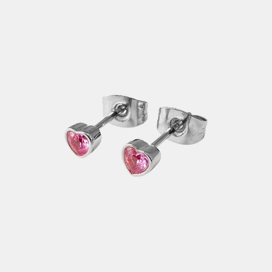 Silver Pink Crystal Heart Studs