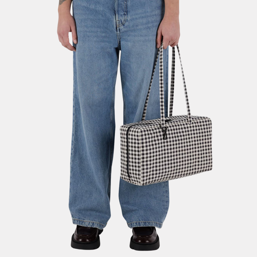 Black + White Gingham Medium Nylon Bowler Bag
