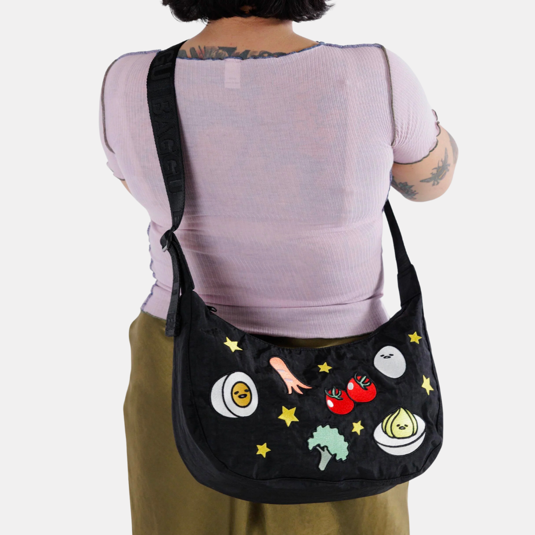 Embroidered Gudetama Medium Nylon Crescent Bag