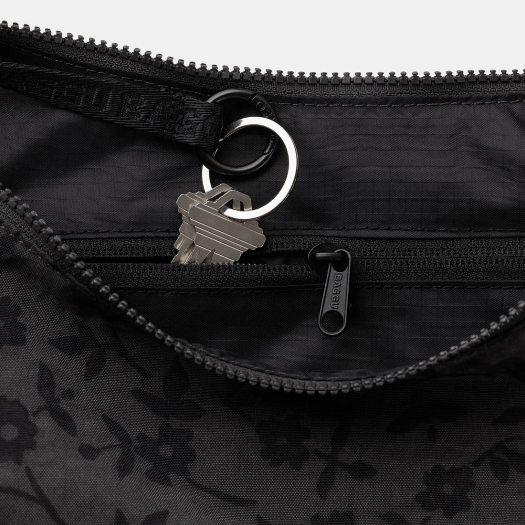 Charcoal Ditsy Floral Medium Nylon Crescent Bag
