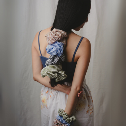 Oversized Navy Blue Gingham Scrunchie