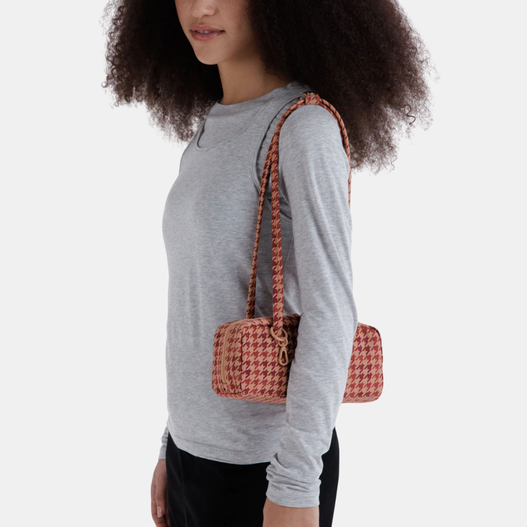 Tan Houndstooth Small Nylon Bowler Bag
