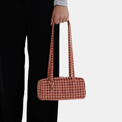 Tan Houndstooth Small Nylon Bowler Bag