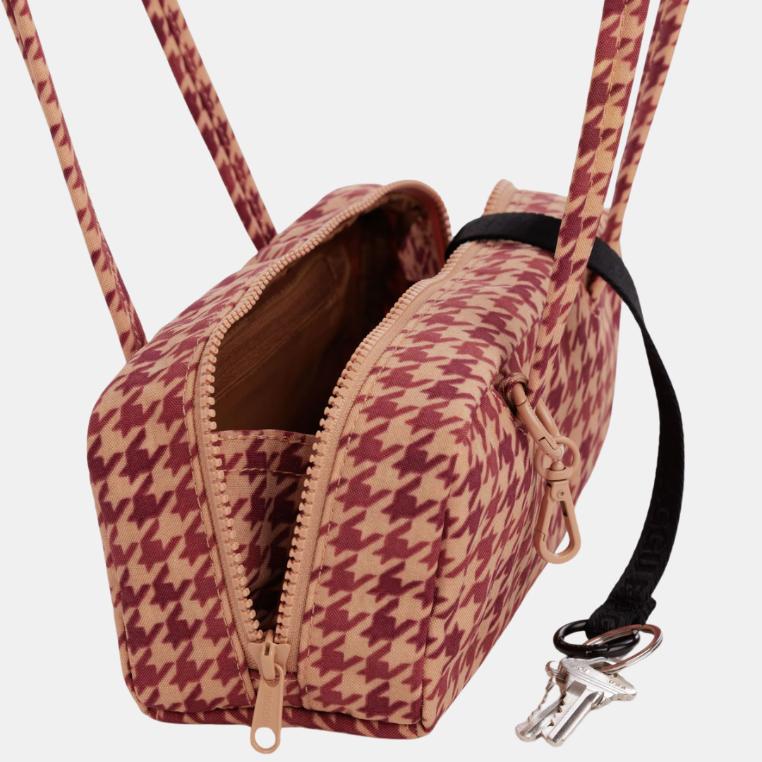 Tan Houndstooth Small Nylon Bowler Bag