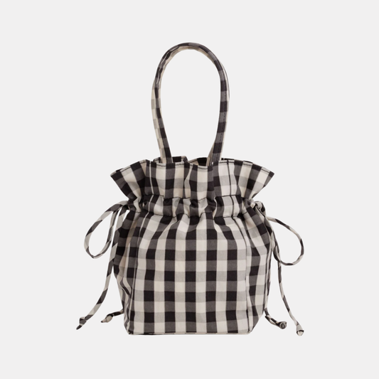 Black and Cream Gingham Nylon Drawstring Bag