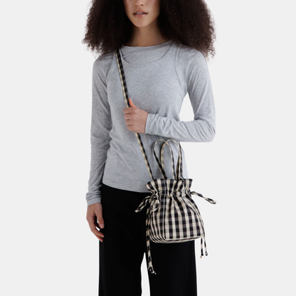 Black and Cream Gingham Nylon Drawstring Bag