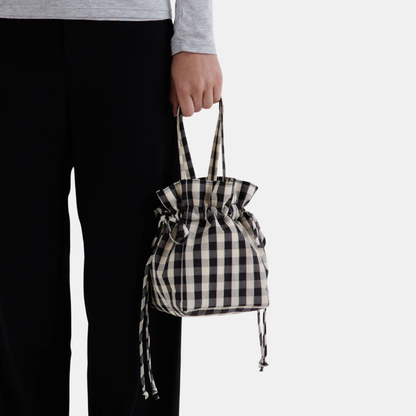 Black and Cream Gingham Nylon Drawstring Bag