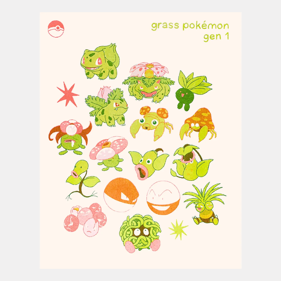 Gen. 1 Grass Pokemon Risograph Print