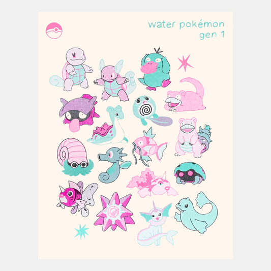 Gen. 1 Water Pokemon Risograph Print