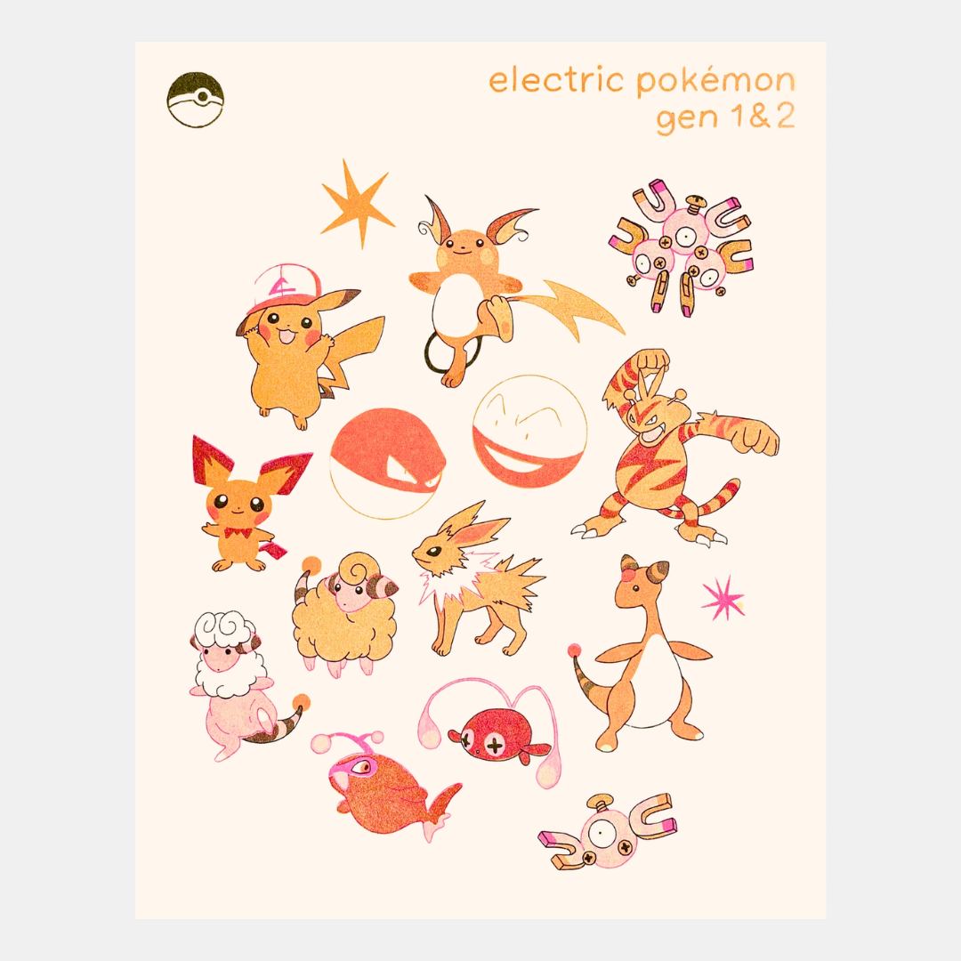 Gen. 1 & 2 Electric Pokemon Risograph Print