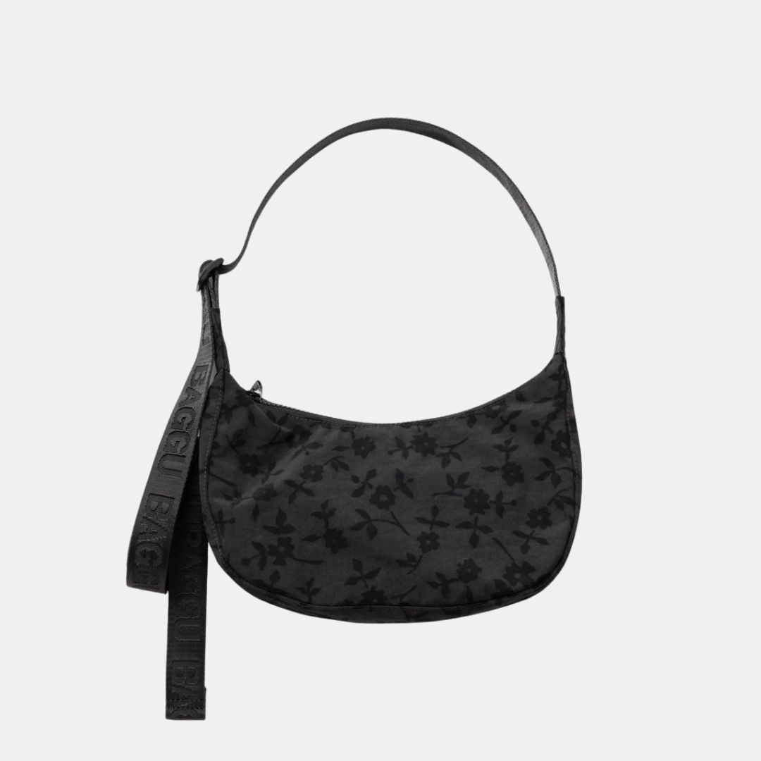 Charcoal Ditsy Floral Small Nylon Crescent Bag