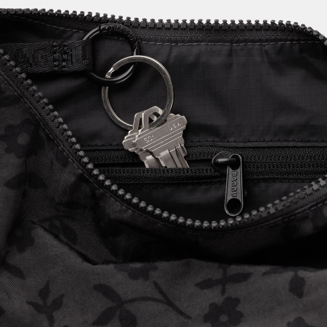 Charcoal Ditsy Floral Small Nylon Crescent Bag