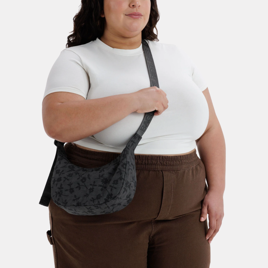 Charcoal Ditsy Floral Small Nylon Crescent Bag