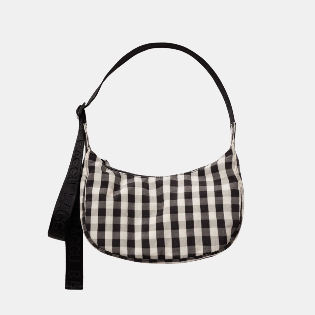 Black and Cream Gingham Small Nylon Crescent Bag