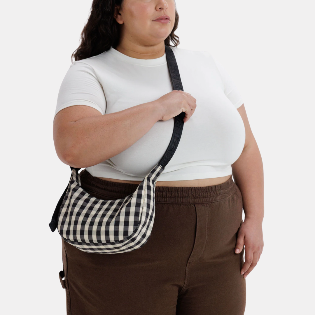 Black and Cream Gingham Small Nylon Crescent Bag